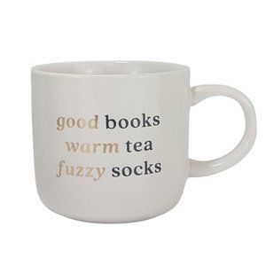 Vintage INDIGO Statement Mug Teacup Good Books Warm Tea Fuzzy Socks Quote White
